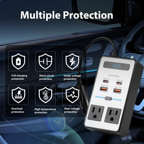 Car Power Inverter DC 12V To 110V AC Converter With Dual AC Outlets And 65 Watt USB C Fast Charger showing multiple protection features.