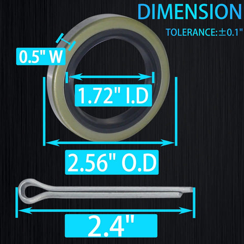 Front view of trailer axle hub grease seal with cotter pin; 1.72 in ID, 2.56 in OD, 0.5 in width; gray seal and metal pin.