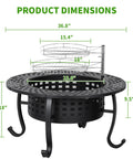 Diagram of 36 Inch Fire Pit Table With 2 Adjustable Grills Wood Burning Outdoor Fire Pit With Lid And Poker showing dimensions.