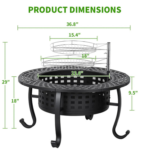 Diagram of 36 Inch Fire Pit Table With 2 Adjustable Grills Wood Burning Outdoor Fire Pit With Lid And Poker showing dimensions.