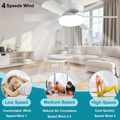 2 Pack Socket Fan Light With Remote in a living room, 18 Inch Low Profile Ceiling Fan Light Kit, showing speed settings.