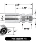 Side view of chrome-plated hydraulic hose fitting, 3/8 in JIC 37° female swivel crimp end.
