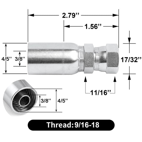 Side view of chrome-plated hydraulic hose fitting, 3/8 in JIC 37° female swivel crimp end.