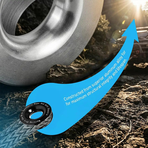 Heavy Duty Snatch Ring For Off Road Recovery, Aluminum Alloy Build For Serious Break Strength, Beefed Up Fit With Soft Shackles And Synthetic Rope, Car Winch Towing Ring, Universal Fit For SUV, RV, Truck, close-up with synthetic rope