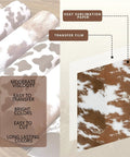 Cow Print Sublimation Transfer Paper Pack For DIY Crafters, 10 Sheets 12x10 Inches showing cow pattern and transfer film layout