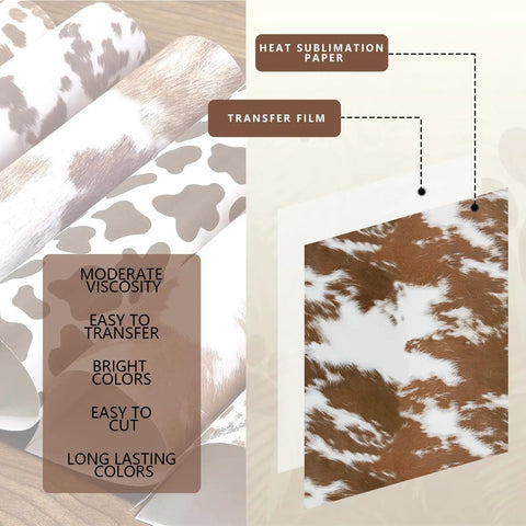 Cow Print Sublimation Transfer Paper Pack For DIY Crafters, 10 Sheets 12x10 Inches showing cow pattern and transfer film layout