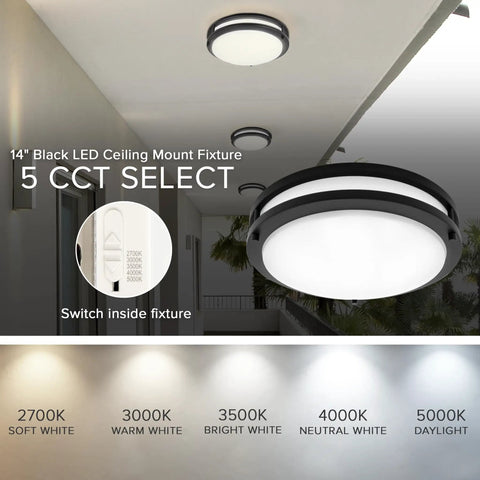 14 Inch LED Flush Mount Ceiling Light Fixture With 5 CCT Selectable 2700K To 5000K, Dimmable Indoor Round Kitchen Light, Black Finish