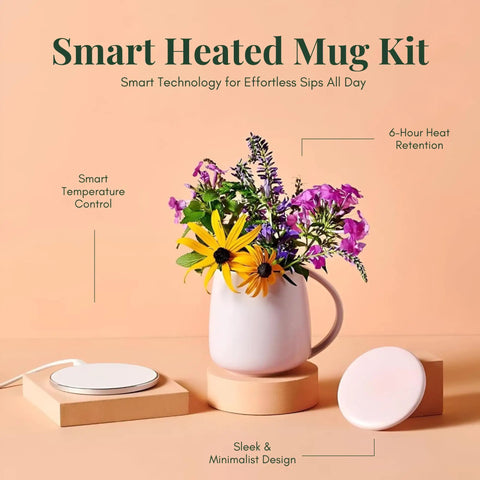 Self Heating Mug With Phone Controlled Heat Settings And Wireless Charging Stand To Keep Your Morning Brew Piping Hot All Day Long Sip At Your Pace While This Rechargeable Tech Build Keeps Every Drop Cozy And Fresh, with flowers and wireless charger.