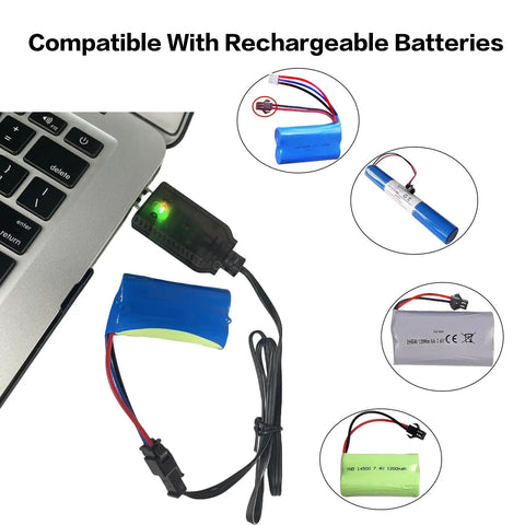 Two Pack 7.4V LiPo USB Charger With SM 2PIN Plug For RC Cars And Planes, connected to laptop and batteries