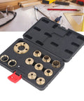 Premium Brass Router Template Guide Set For Woodworking Trim Machines Featuring Heavy Duty Flip Plate Inserts Built Tough For Rock Solid Stability And Ultra Smooth Action, showing brass bushings in case.