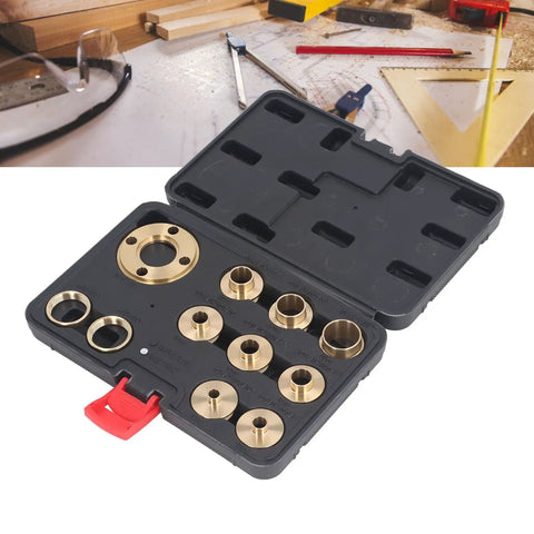 Premium Brass Router Template Guide Set For Woodworking Trim Machines Featuring Heavy Duty Flip Plate Inserts Built Tough For Rock Solid Stability And Ultra Smooth Action, showing brass bushings in case.