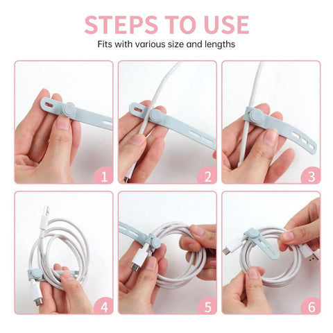 Steps to use Colorful Silicone Cable Ties Set of 25 Reusable High Elasticity Cord Wraps for electrical cords and chargers.