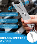 Front view: metal thread inspector keychain gauge with dual metric/SAE scales; compact bolt size finder.