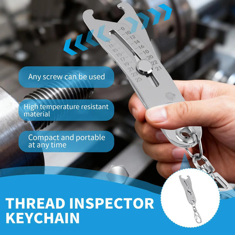 Front view: metal thread inspector keychain gauge with dual metric/SAE scales; compact bolt size finder.