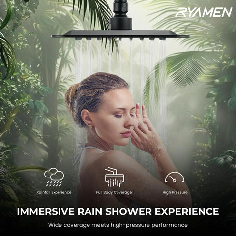 Woman enjoying 8 Inch High Pressure Rain Shower Head With Handheld Spray Duo Shower Head Set in matte black finish, lush background