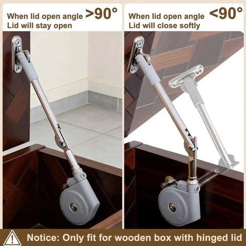 Two Pack Soft Close Hinges for Toy Boxes Zinc Alloy Lid Support Kit installed on wooden storage trunk