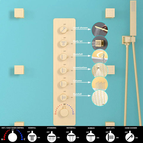Slick 28 Inch Ceiling Rainfall Shower Panel With Bright Led Display And Six Dual Mode Body Jets Complete Brushed Gold Bathware Kit control center with different settings.