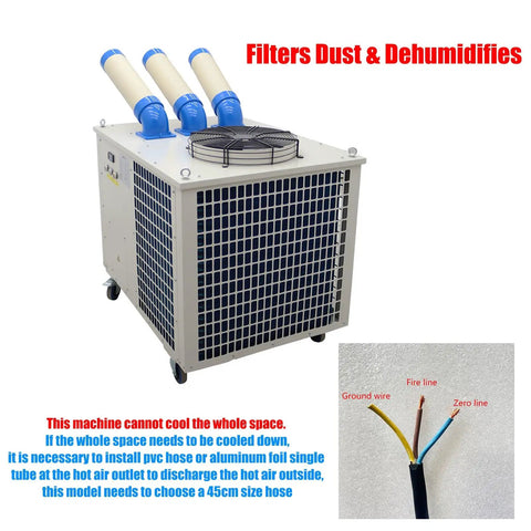 Ready To Roll 220V Industrial Portable Air Conditioner with three air outlets and caster wheels for workshops and outdoor projects.