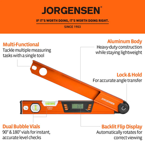 Digital Angle Finder And Protractor Level Brings Boss Level Precision For Nailing Every Woodworking Cut Dead On Accuracy Heavy Duty Multi Angle Measuring Tool Built Tough For Roofs And Toughest Shop Jobs, aluminum body with dual bubble vials.