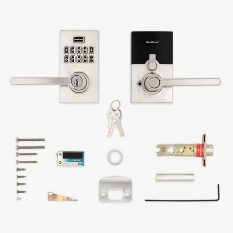 Keypad Keyless Entry Electronic Lever Lock With 12 User Codes And One Time Codes, SmartKey Security, Satin Nickel Finish set