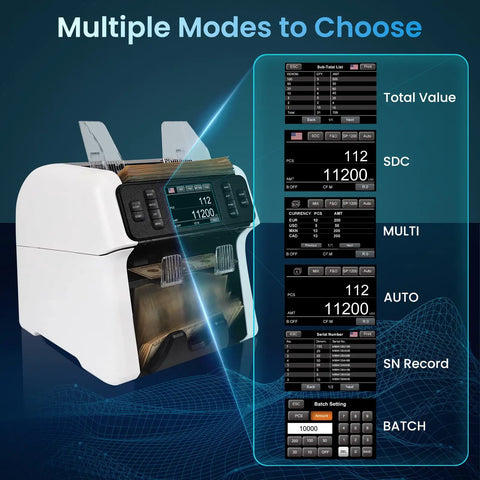 Mixed Denomination Money Counter And Sorter With Reject Pocket Pro showing multiple modes on touch screen display