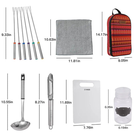 Image showing components of Ultimate Outdoor Camp Kitchen Utensils Set With Fork Spoon Knife Cutting Board Spatula Scissors Corkscrew Pepper Shaker.