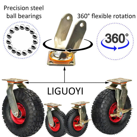 Heavy Duty 10 Inch Pneumatic Swivel Casters 4 Pack with 360° rotation and precision steel ball bearings for smooth movement.