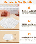 192 Pack Ultra Clear Silicone Cabinet Door Bumpers With Premium Self Adhesive Backing shown with size details and rubber material.