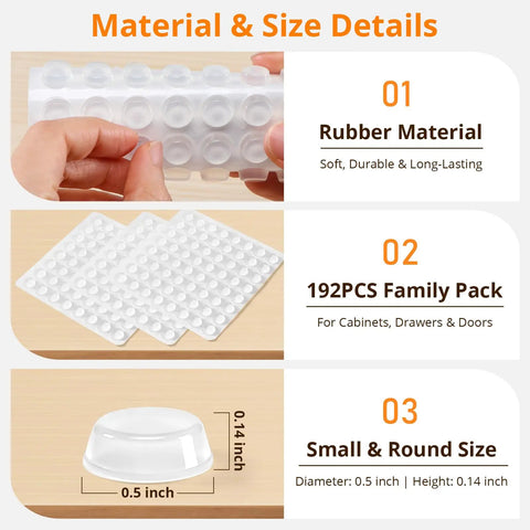 192 Pack Ultra Clear Silicone Cabinet Door Bumpers With Premium Self Adhesive Backing shown with size details and rubber material.