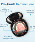 Ultrasonic Retainer Cleaner With UV-C Lights, 42,000 Hz Deep Clean For Dentures, Night Guards, Mouth Guards, And Aligners, Eliminates Biofilm And Stains, No Scrubbing Or Soaking Needed, All In One Dental Care Machine, open black unit with denture