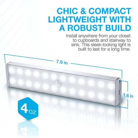 Rechargeable Motion Sensor Closet Light 3 Pack With 24 LED Night Lights showing dimensions and design features