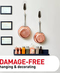 Kitchen scene with two pans hanging on Five Pound Large Brushed Nickel Metal Hooks With Two Large Hooks And Four Adhesive Strips Damage Free Hanging For Hats Keys Coats And Decor No Drill Wall Hooks That Hold Strong In Any Room.
