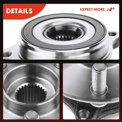 Close-up of two front wheel bearing and hub assemblies for Toyota Prius 2010-2015 and Lexus CT200h 2011-2017 with four-bolt mount.