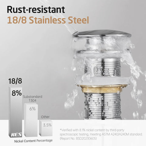 Pop Up Drain Without Overflow For Vessel Sinks, 2 Pack Polished Chrome Stopper, All Metal Rustproof Brass And 304 Stainless Steel, Fits 1.6 To 1.9 Inch Sink Holes, Easy Install, S2008D-CH-P2 with water splash illustration, highlighting rust-resistant 18/8 stainless steel composition.