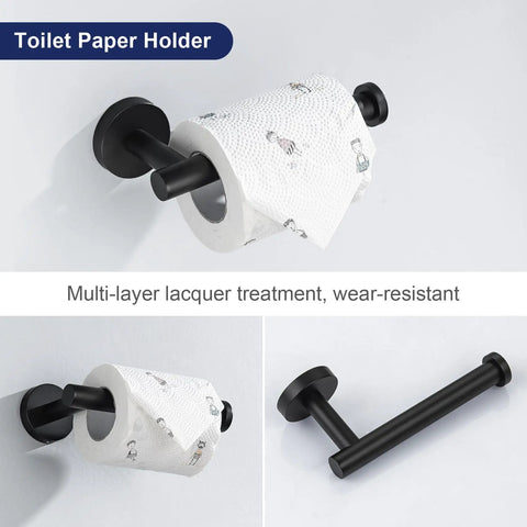 Toilet paper holder from Matte Black Stainless Steel Bathroom Hardware Set With 20 Inch Towel Bar Toilet Paper Holder And Two Robe Hooks Wall Mounted Bath Accessory Kit Rustproof SUS304 Finish For Modern Homes.