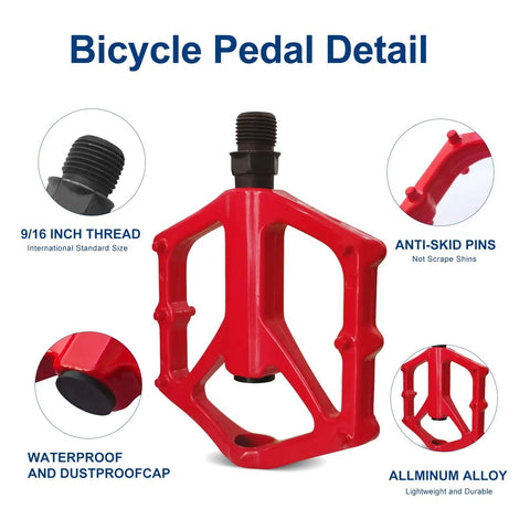 Grippy 14mm Aluminum Alloy MTB Pedals Non Slip Lightweight Flat Bike Pedals for Road Mountain BMX with anti-skid pins and 9/16 inch thread shown in red
