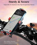 Heavy Duty Motorcycle Phone Mount With Silent Vibration Dampener And Lockdown Anti Theft Safety Knob For Cruiser And Sportbike Grips, showcasing smartphone in holder.