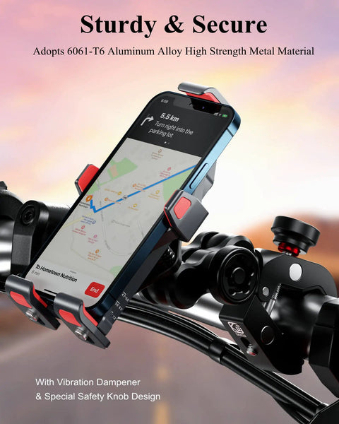 Heavy Duty Motorcycle Phone Mount With Silent Vibration Dampener And Lockdown Anti Theft Safety Knob For Cruiser And Sportbike Grips, showcasing smartphone in holder.