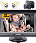 Cruise With Confidence Using This Rear Facing Baby Car Camera Featuring HD 1080P Clarity Ultra Wide View And Smooth Night Vision To Keep Tabs On Your Tot All Day Long showing a baby monitor with a smiling infant in a car seat.
