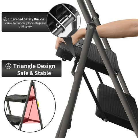Two Step Folding Ladder With Non Slip Wide Pedal And Rubber Feet, Lightweight Steel Stool With Sponge Safety Handrail, 330 Lb Capacity