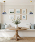 SIMEESO Ceramic Pendant Light,Chinese Blue and White Porcelain Pendant Lamp above a wooden dining table in a bright room.