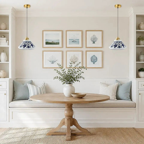 SIMEESO Ceramic Pendant Light,Chinese Blue and White Porcelain Pendant Lamp above a wooden dining table in a bright room.