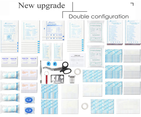Compact red first aid kit contents: 228 pieces including bandages, gauze pads, alcohol pads, scissors.