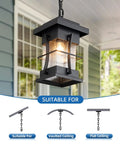 Motion Outdoor Pendant Light With Dusk To Dawn Sensor Exterior Hanging Lantern In Black Finish With Seeded Glass on Porch