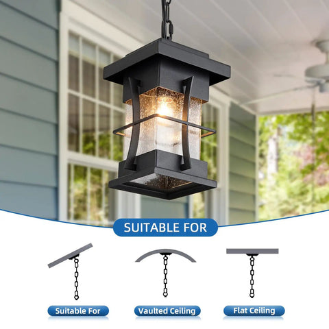 Motion Outdoor Pendant Light With Dusk To Dawn Sensor Exterior Hanging Lantern In Black Finish With Seeded Glass on Porch