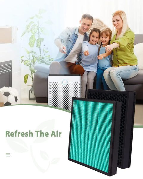 Two Pack Replacement Filter For Coway Airmega 300 And 300S Purifiers in living room setting, family sitting on couch