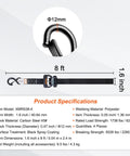 Diagram showing dimensions and specifications of Beefy 4 Pack Heavy Duty Ratchet Tie Down Straps Set 1.6 Inch By 8 Foot