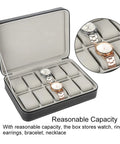 Top Shelf 10 Grid Watch Storage Box With Cushioned Dividers, holding two watches in a compact case for travel and display.