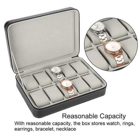 Top Shelf 10 Grid Watch Storage Box With Cushioned Dividers, holding two watches in a compact case for travel and display.