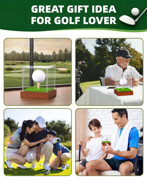 Epic Golf Ball Display Case With Clear Acrylic Cube And Solid Wood Base in use by golfers and displayed on table.